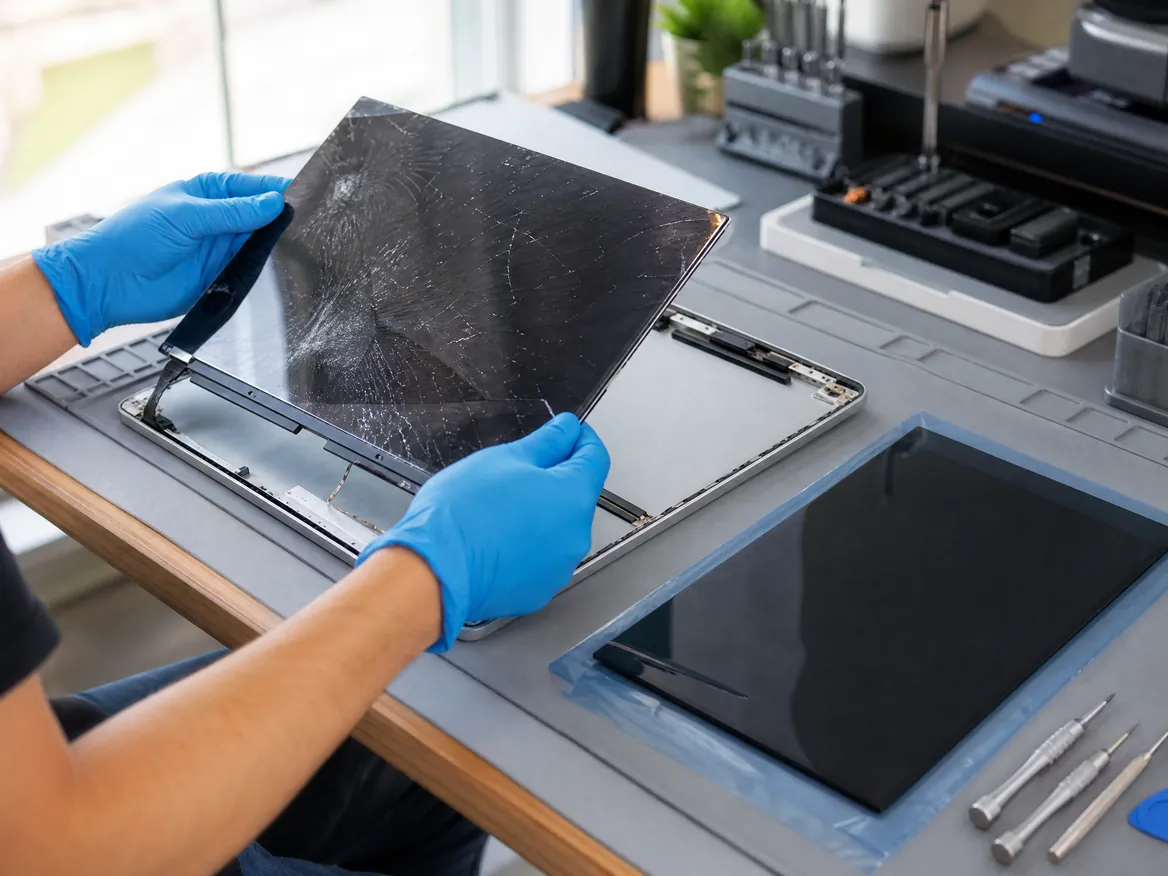 Technician removing a cracked display during cracked MacBook screen replacement at KissMyMac Malaysia