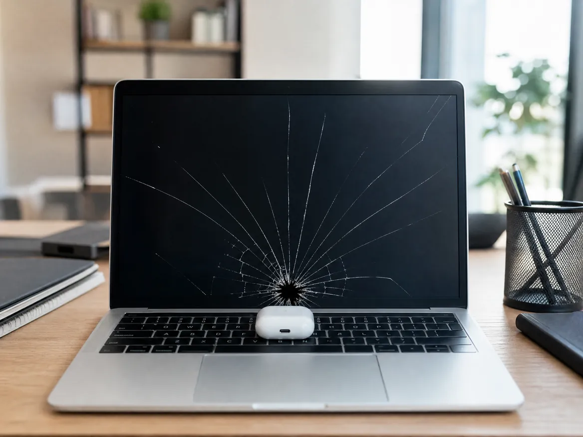 MacBook Air screen cracked by itself after the lid was closed on earbuds left on the keyboard