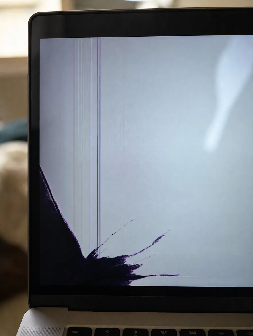 Internal crack in a MacBook screen: a black ink-blot patch and lines under smooth, unbroken glass