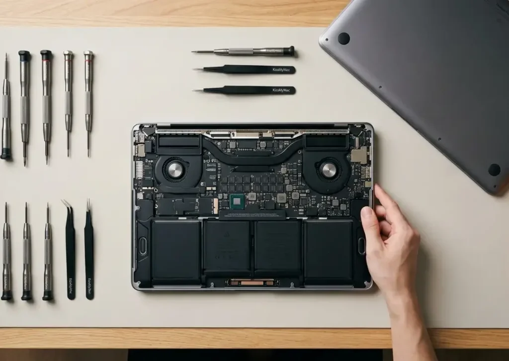 Mac repair specialist at work - a KissMyMac technician performing a MacBook repair at the workshop bench