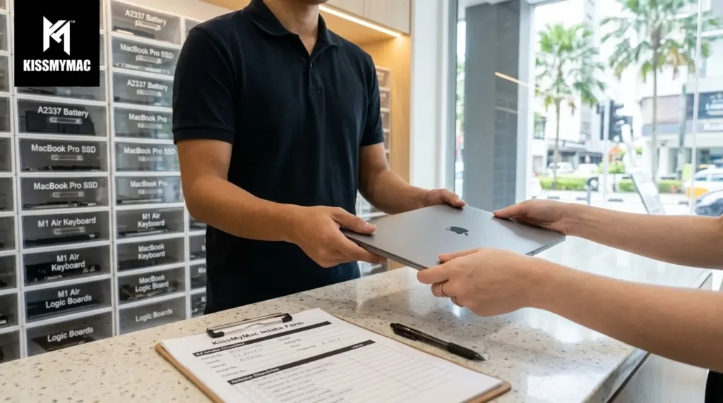 Customer handing a MacBook to a KissMyMac technician for a free hard disk failure diagnosis in Kuala Lumpur