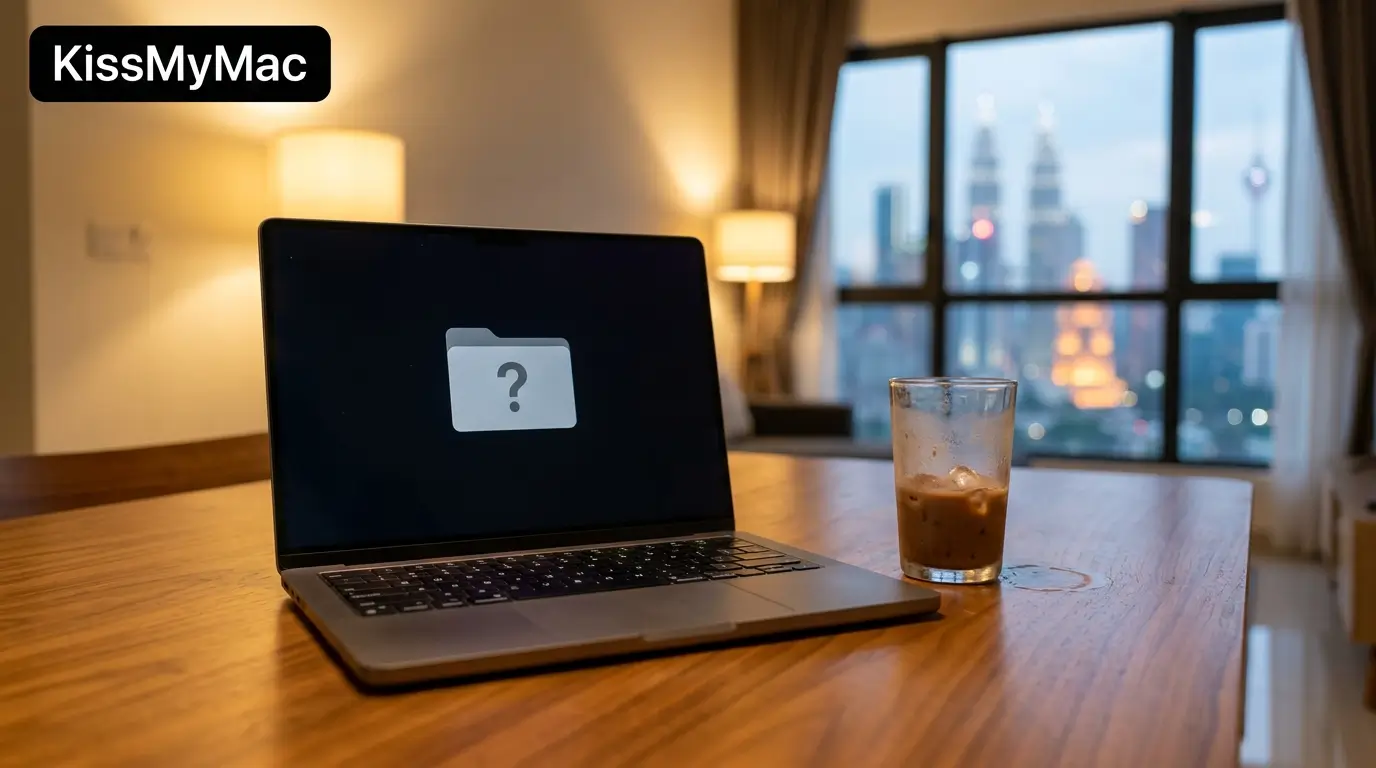 MacBook Pro showing the flashing folder with question mark, a sign of MacBook hard disk failure