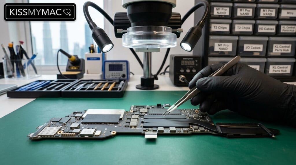 KissMyMac technician inspecting a MacBook logic board under a microscope during storage failure diagnosis