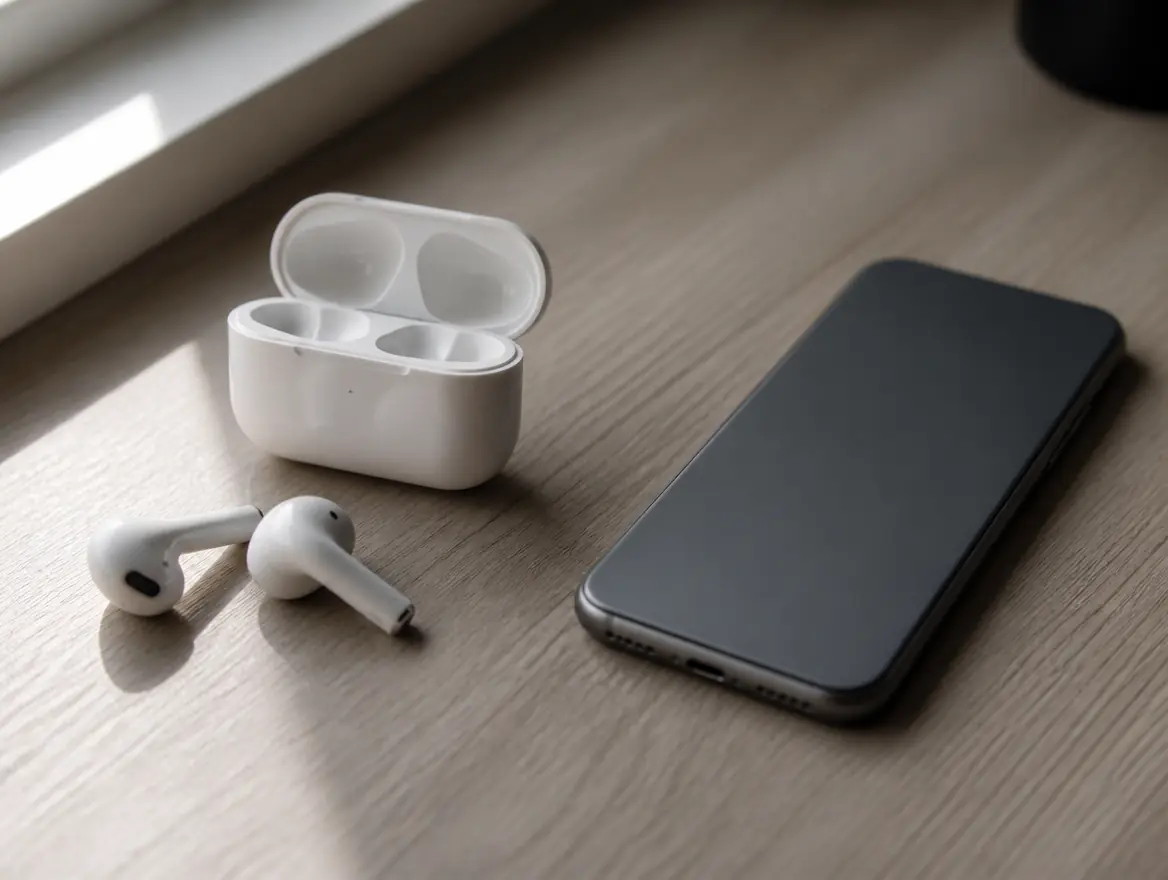 AirPods and an open charging case on a desk next to an iPhone, AirPods whose battery drains fast and need an AirPods battery replacement