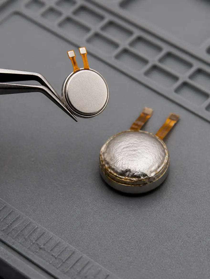 New AirPods button-cell battery held in tweezers next to an old swollen AirPods battery removed during AirPods battery replacement