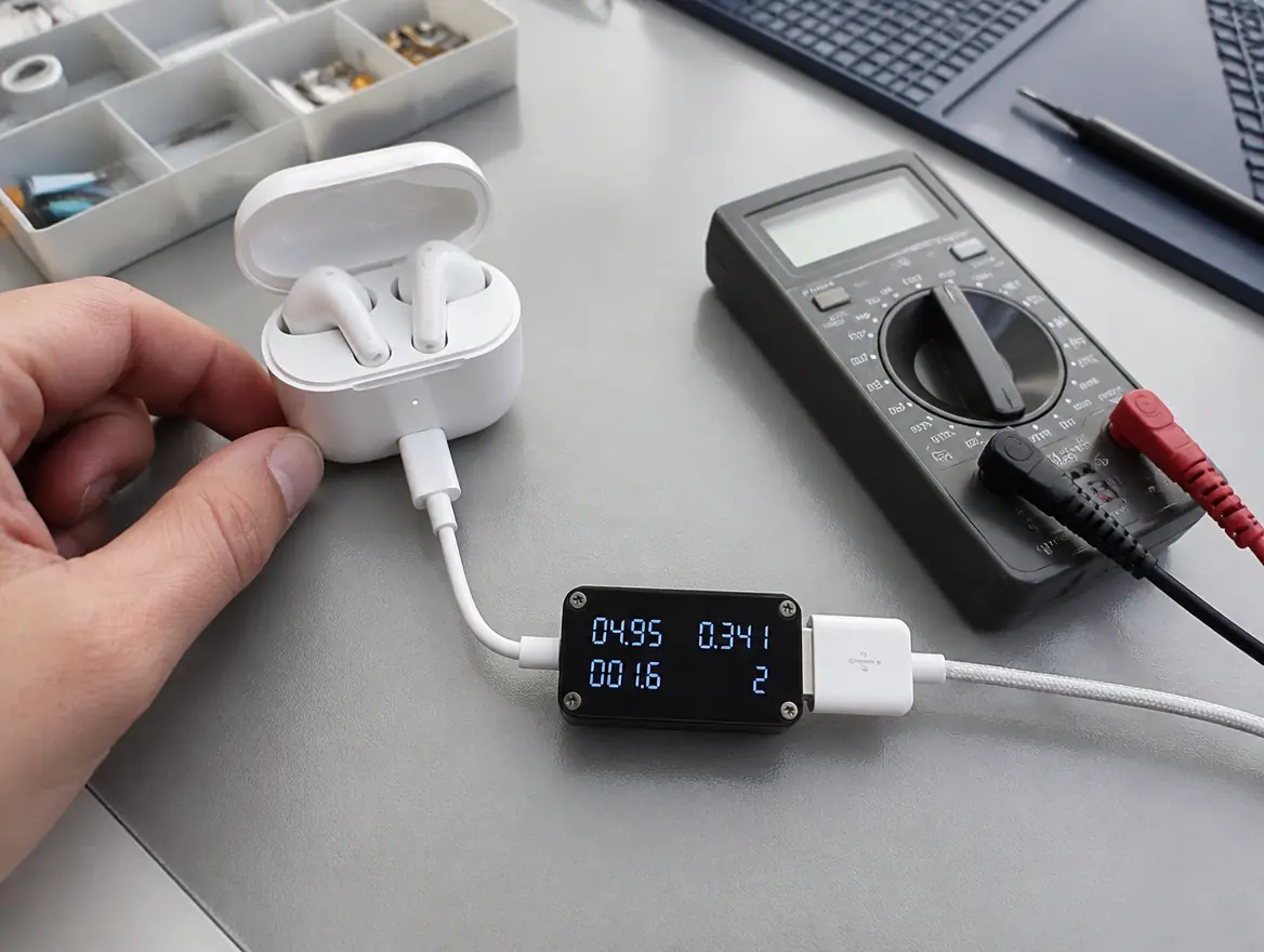 AirPods in a charging case connected to a USB power meter for a charge test after AirPods battery replacement