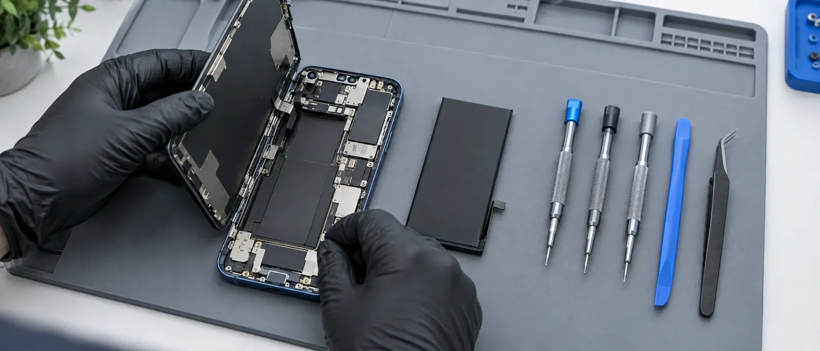 Technician replacing an iPhone battery with a genuine Apple part on an anti-static repair mat