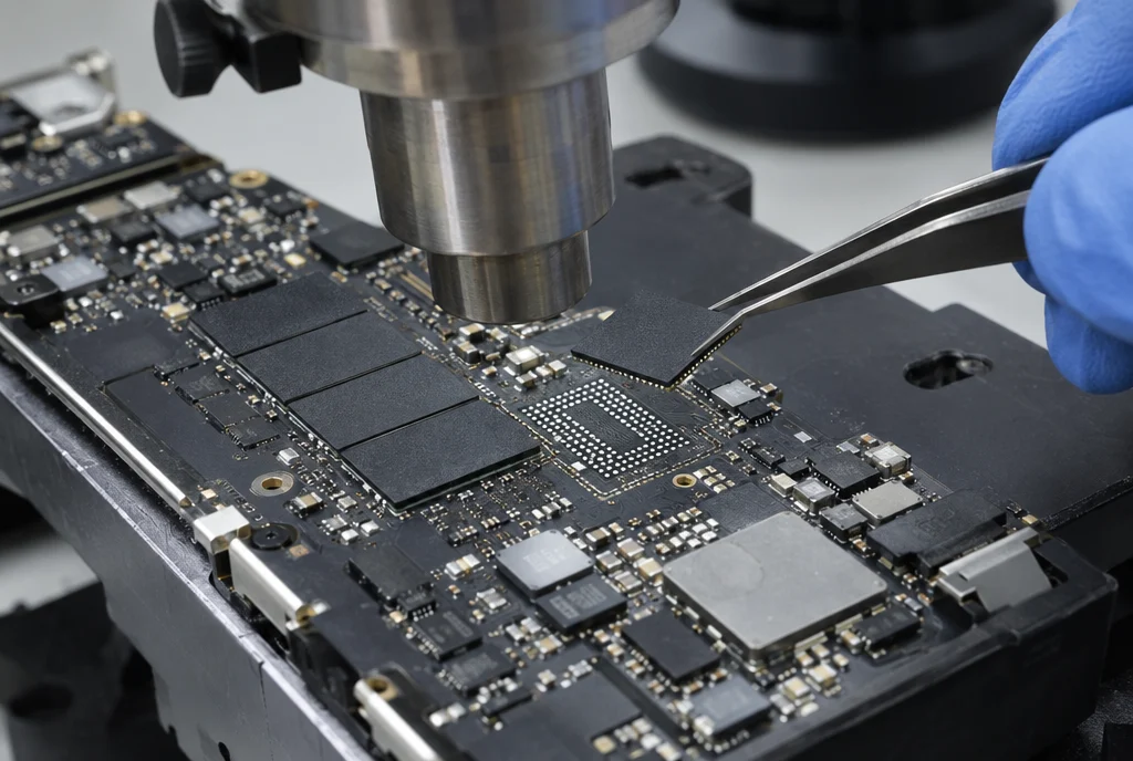Soldering a larger storage chip onto an iMac 24-inch M1 logicboard for an iMac SSD upgrade