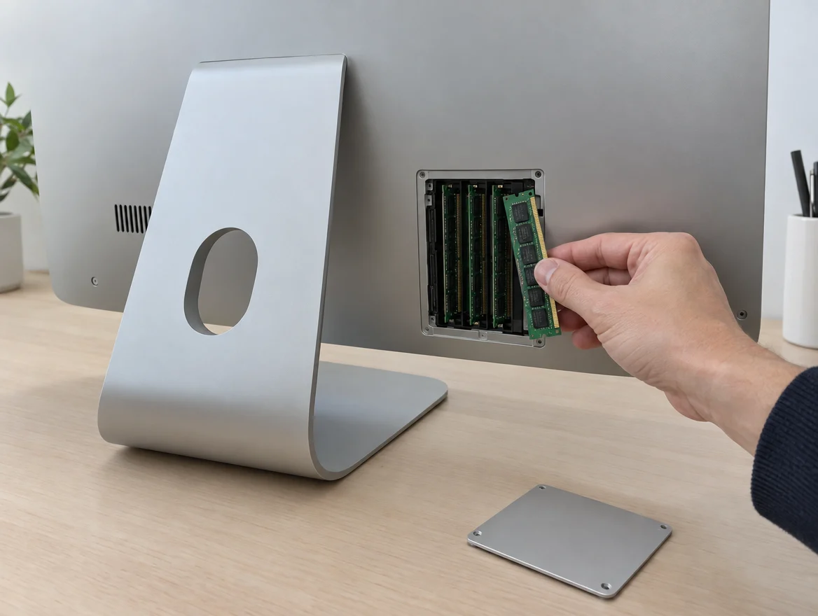 Memory door open on the back of a 27-inch iMac for an iMac RAM upgrade