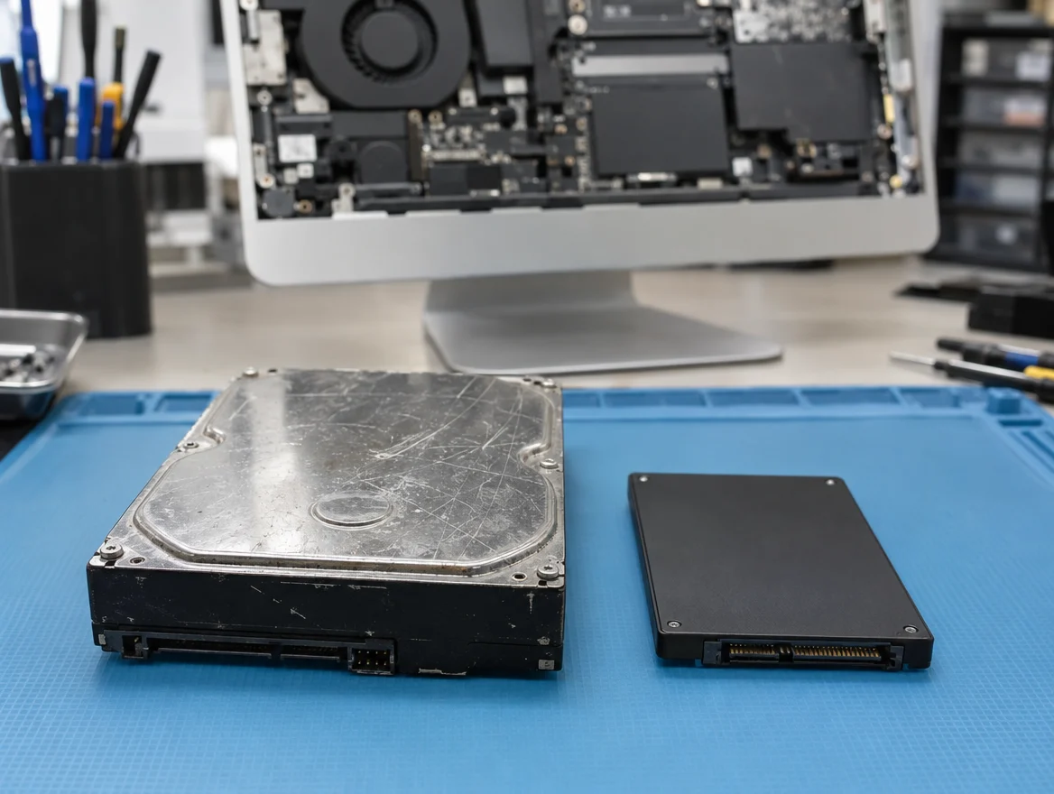 Old iMac hard drive next to a new SSD for iMac hard drive replacement in Malaysia
