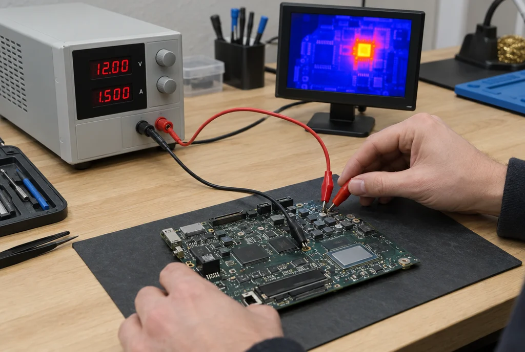 iMac logicboard on a bench power supply with a thermal camera finding a short during diagnosis