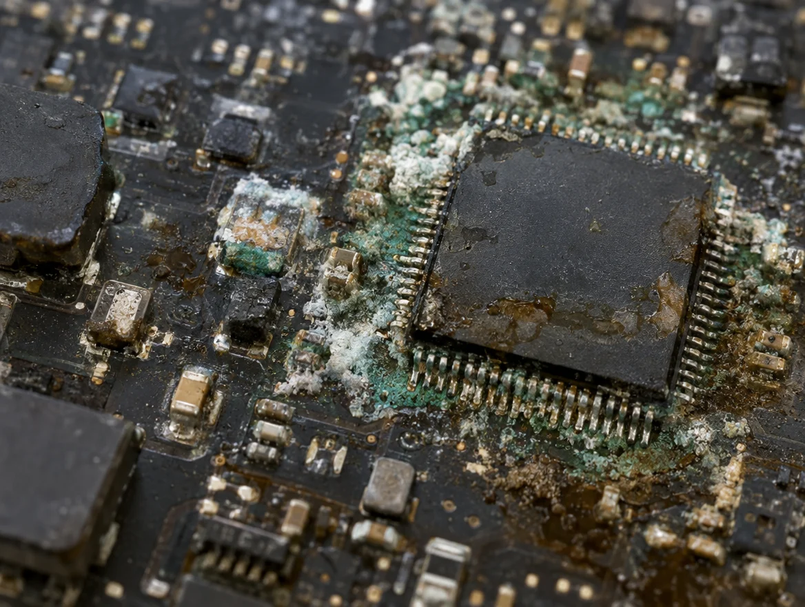 Corrosion from liquid damage on an iMac logicboard that needs repair