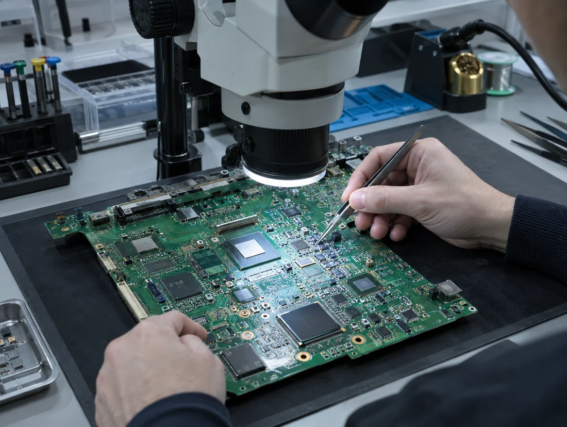 iMac logic board under a microscope during iMac logicboard repair in Malaysia