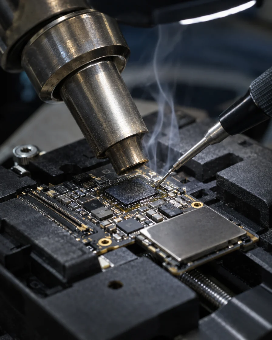Micro-soldering a chip during iMac logicboard repair in Malaysia
