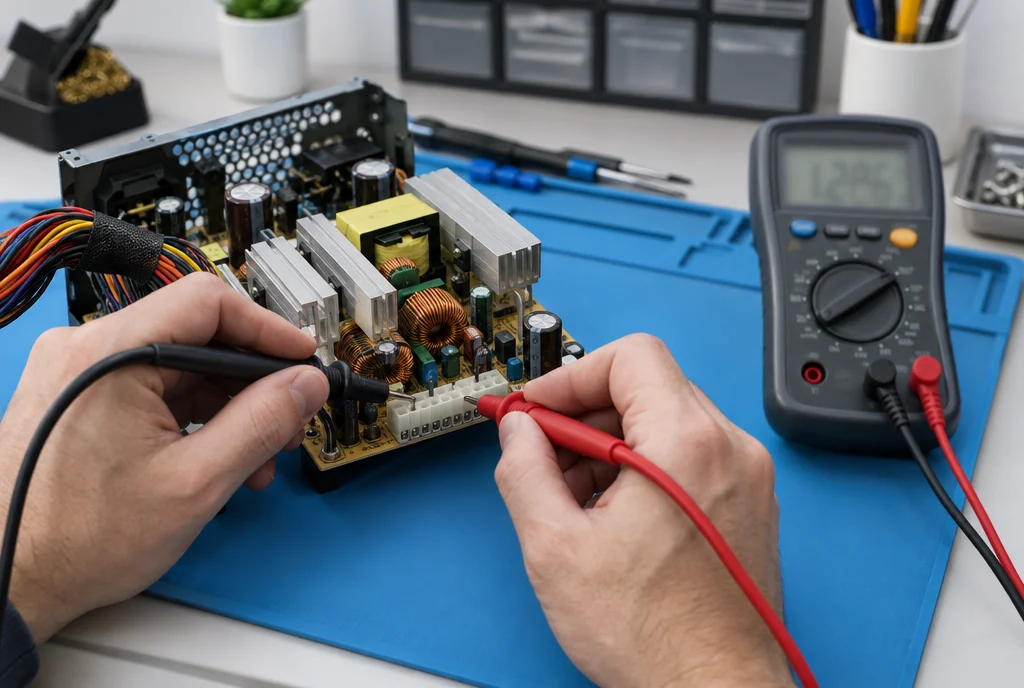 Testing an iMac power supply with a multimeter after iMac power supply replacement