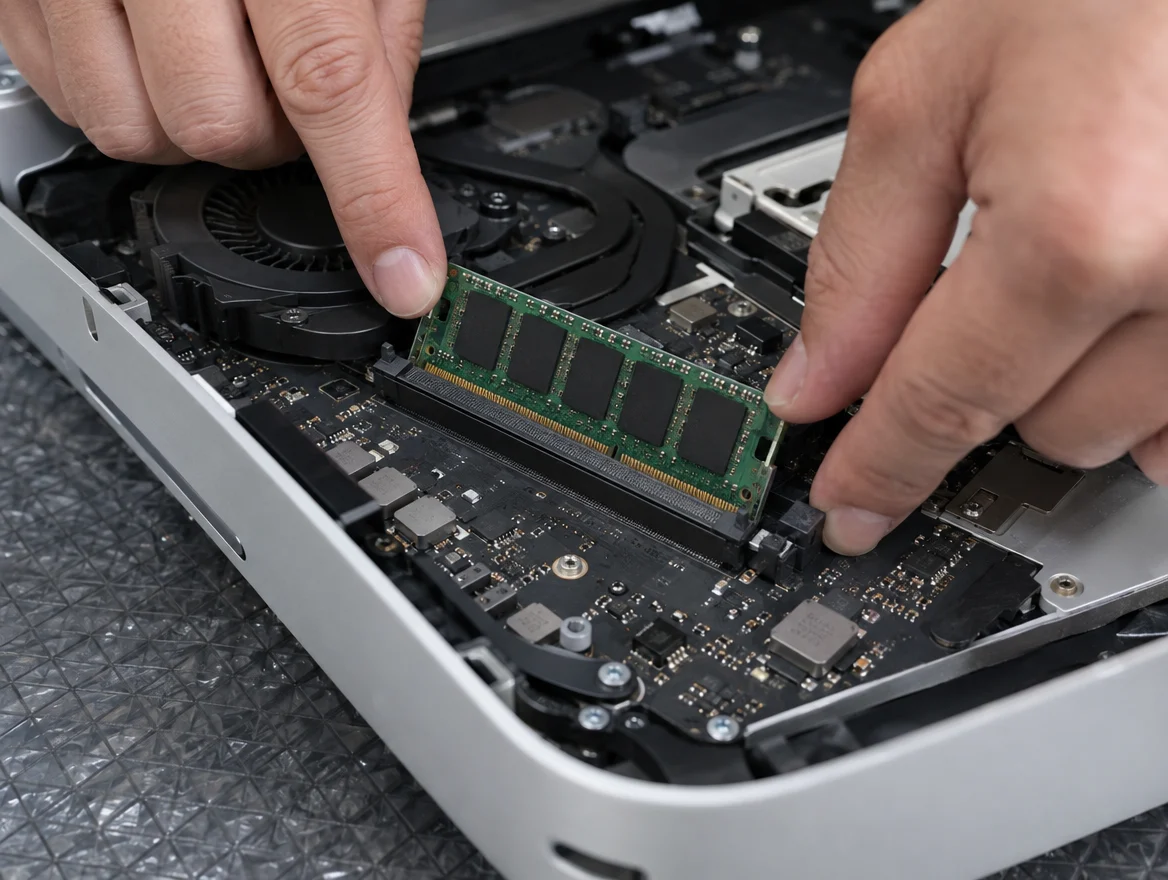 Technician fitting a RAM module into an iMac logicboard during iMac RAM replacement in Malaysia