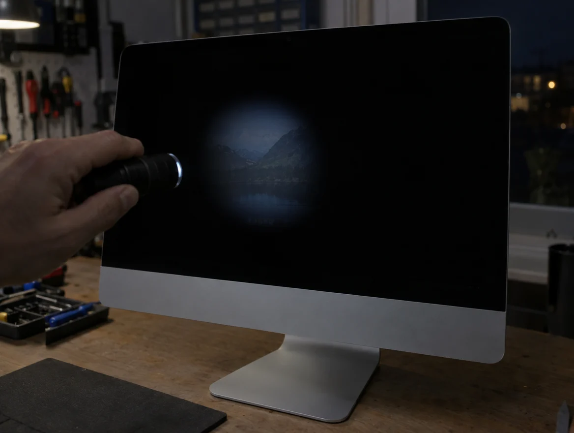 Torch held close to a black iMac screen showing a faint picture, a sign the backlight needs repair