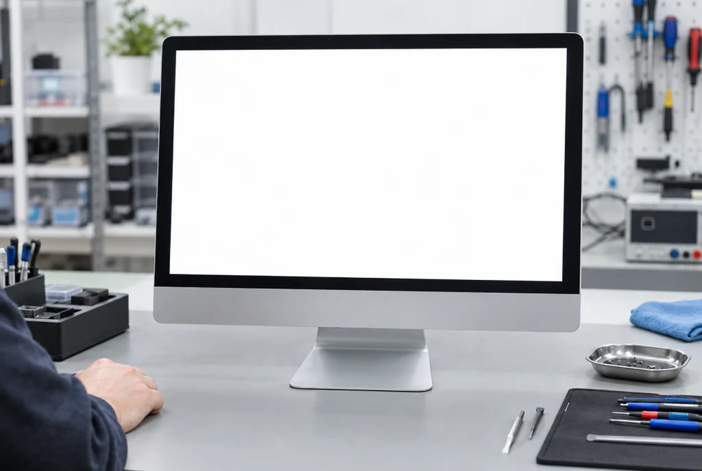 New iMac display tested with a white screen for lines and even backlight after iMac screen replacement