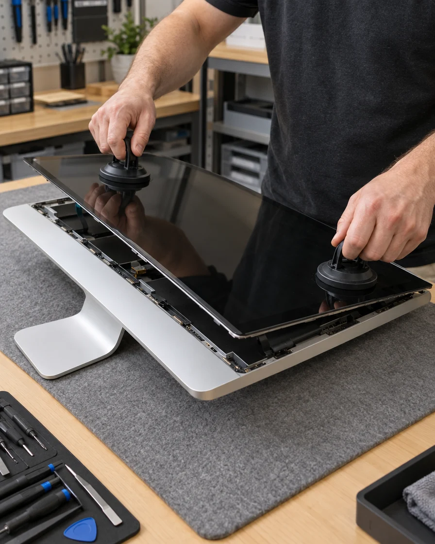 Technician lifting the display off an iMac during iMac screen replacement in Malaysia