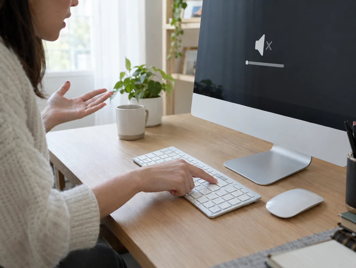 Person pressing the volume key on an iMac with no sound from the speakers