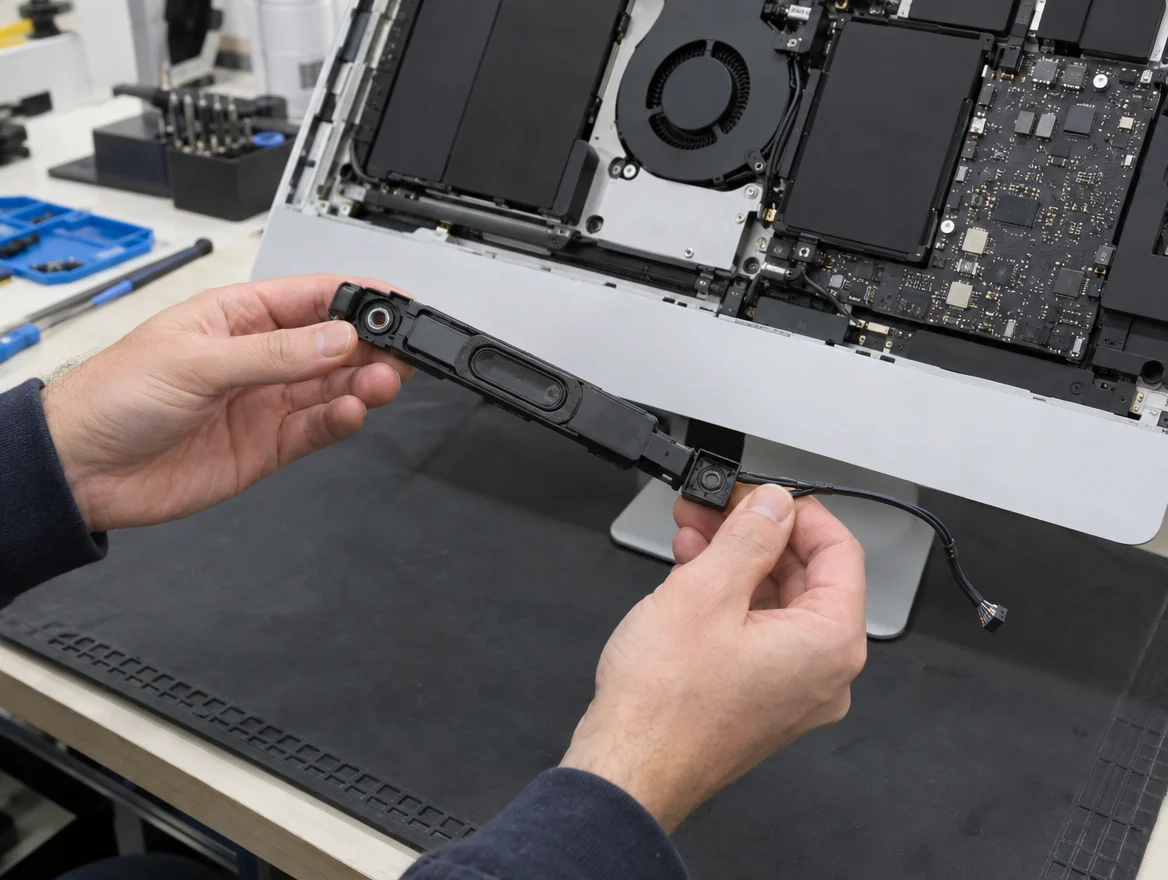 Technician holding a speaker removed from an iMac during iMac speaker replacement in Malaysia
