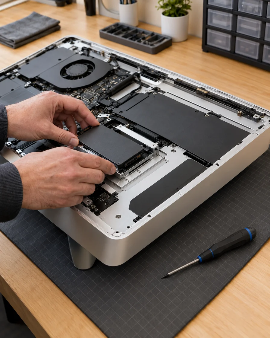 Technician fitting an SSD inside an iMac during an iMac SSD upgrade