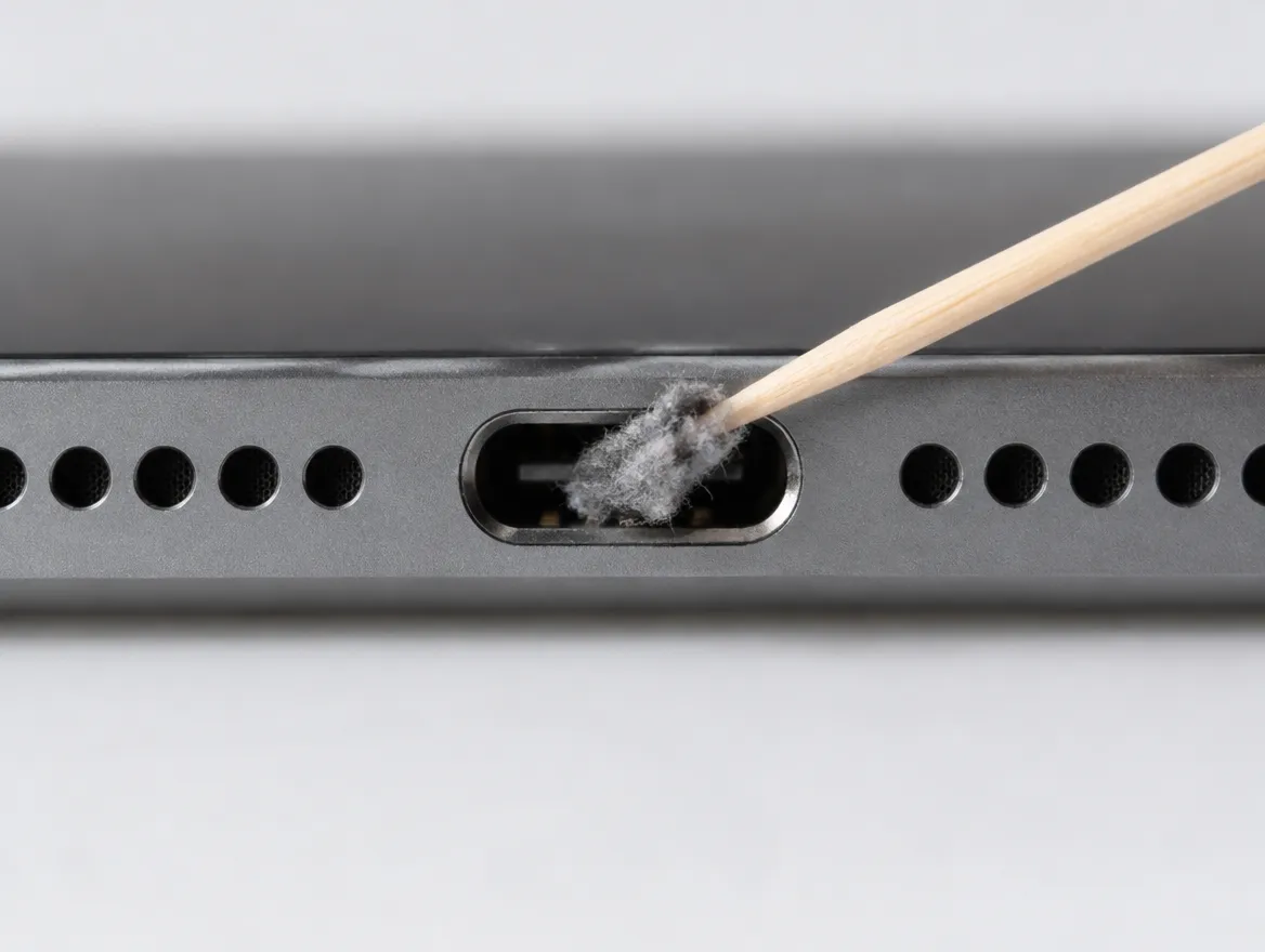 Wooden toothpick removing lint from an iPad USB-C charging port that is not charging