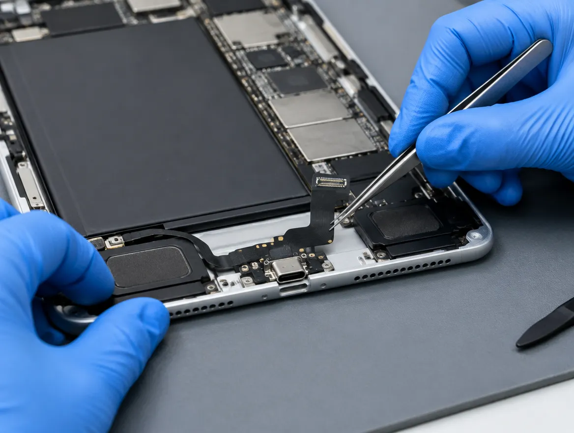 Technician fitting a new USB-C charging port in an iPad during iPad charging port replacement in Malaysia