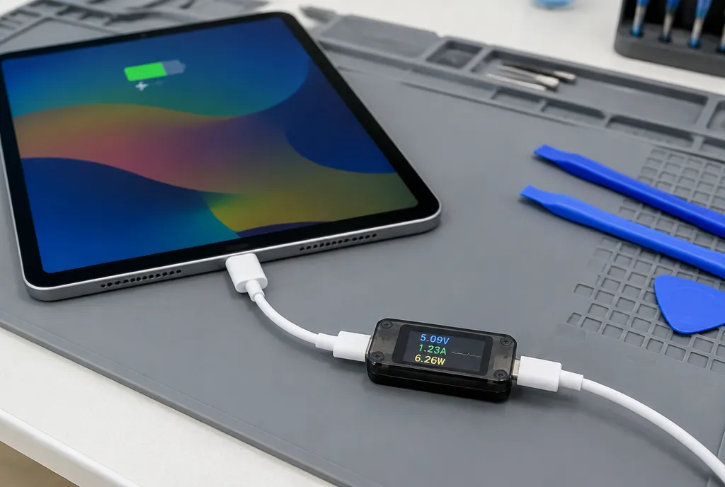 Testing an iPad charging port with a USB power meter