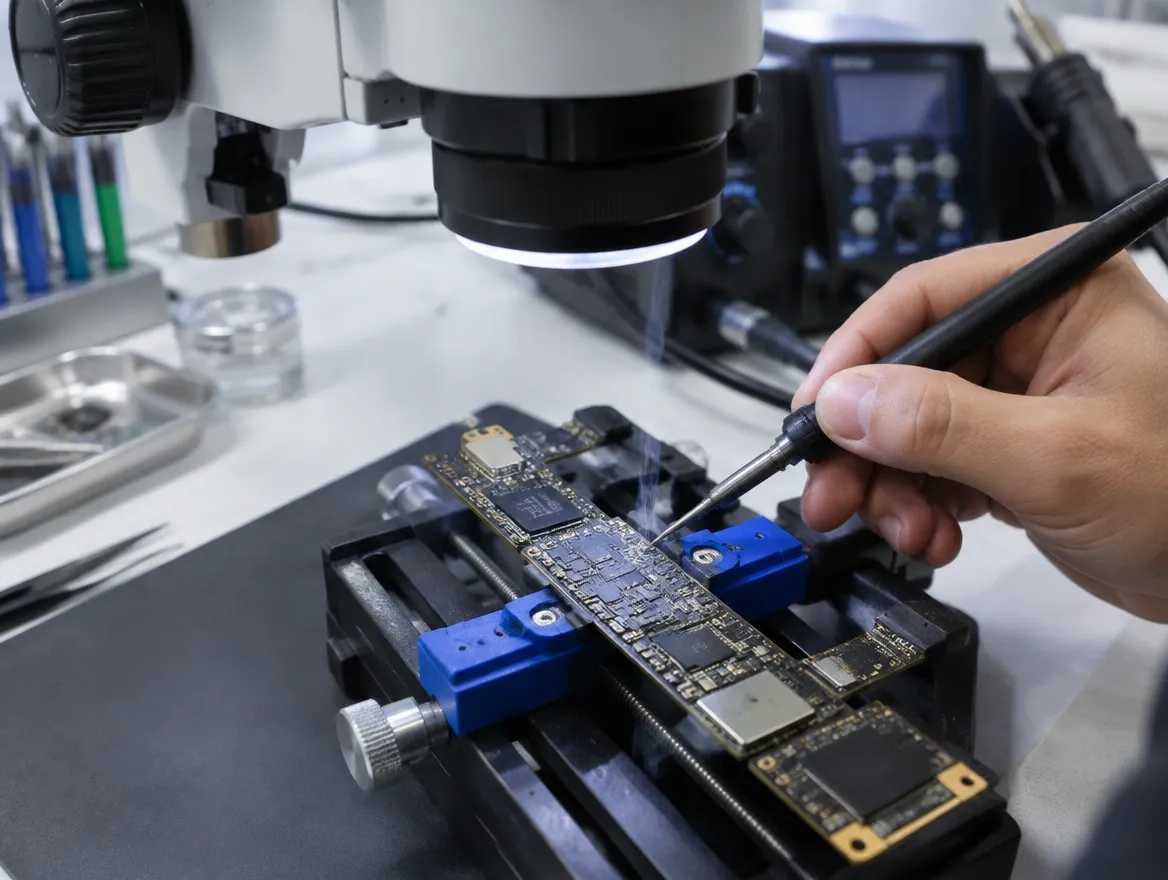 Component-level iPad logic board repair under a microscope in Malaysia
