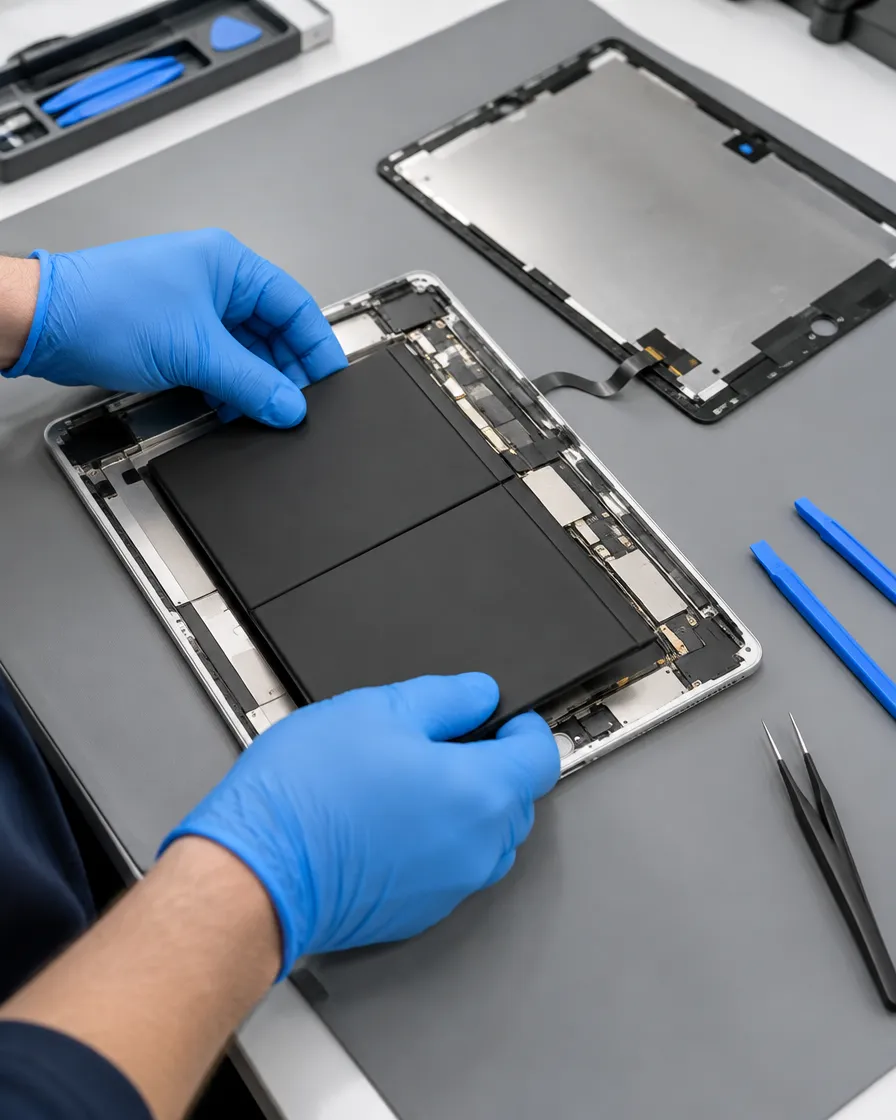 New battery being fitted into an opened iPad during battery replacement