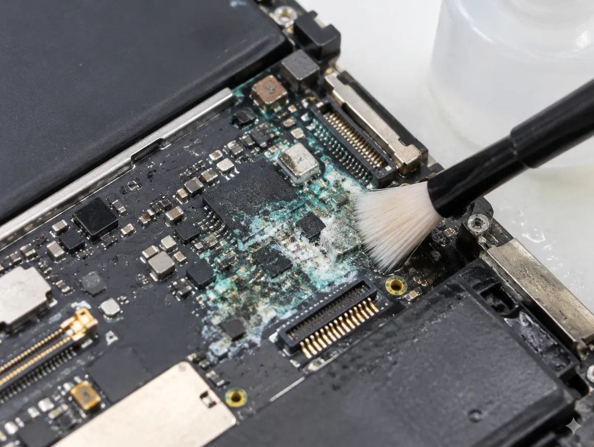 Corrosion on an iPad logic board after water damage, cleaned before repair
