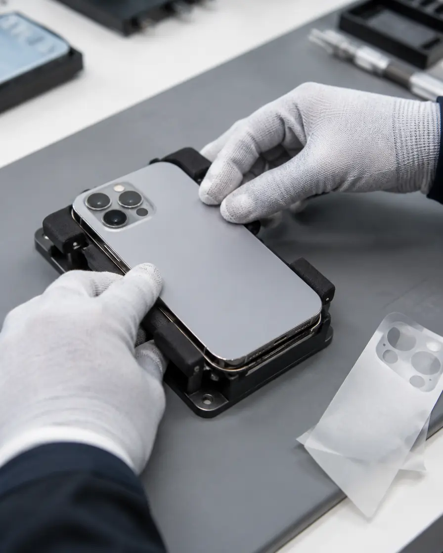 Technician pressing a new back glass onto an iPhone during back glass replacement in Kuala Lumpur