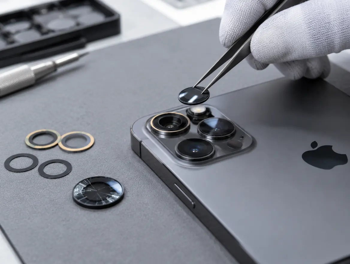 Technician fitting new camera lens glass on an iPhone during camera lens replacement in Malaysia