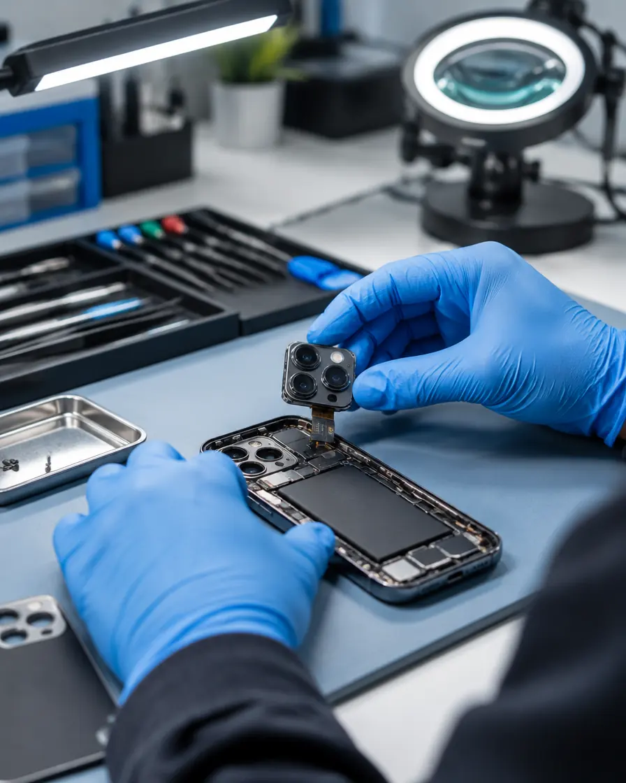 Technician fitting a new genuine rear camera into an iPhone at KissMyMac in Petaling Jaya