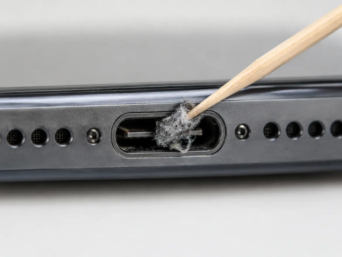 Wooden toothpick removing lint from an iPhone charging port that is not charging
