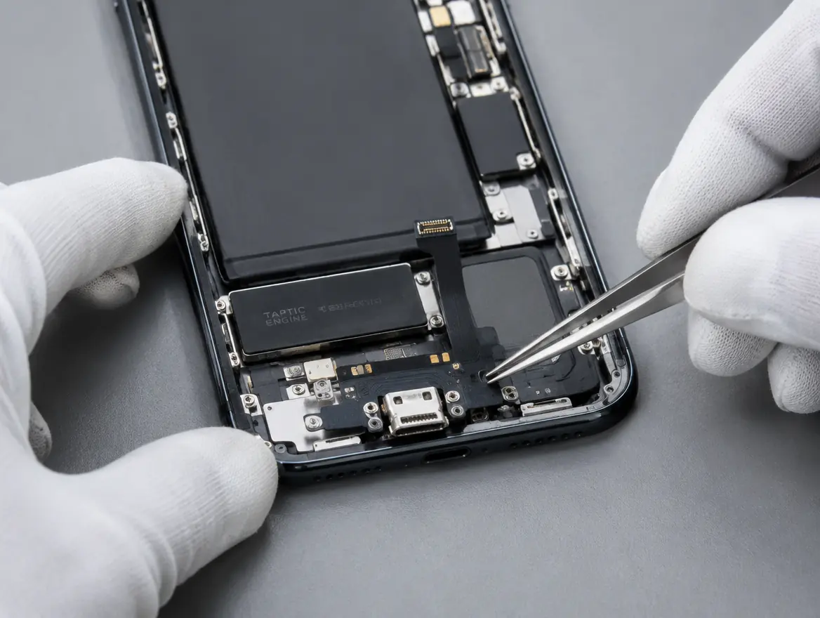 Technician fitting a new charging port in an iPhone during iPhone charging port replacement in Malaysia