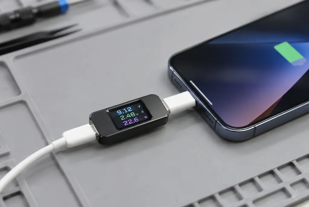 Testing an iPhone charging port with a USB power meter after repair