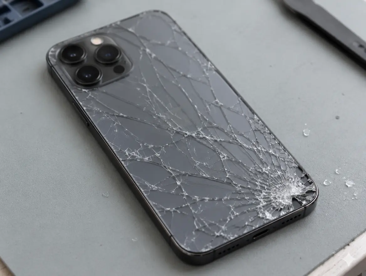 Shattered iPhone back glass on a repair bench before iPhone back glass replacement in Malaysia