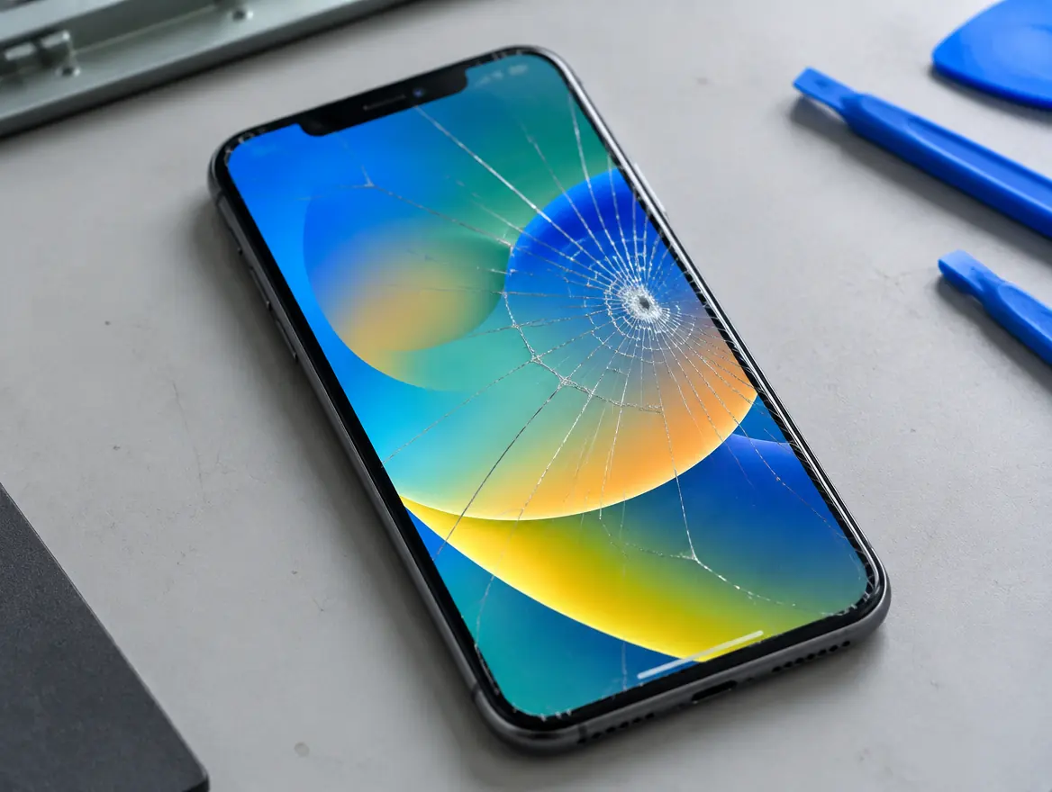 Cracked iPhone screen with the display still working, before iPhone screen replacement in Malaysia