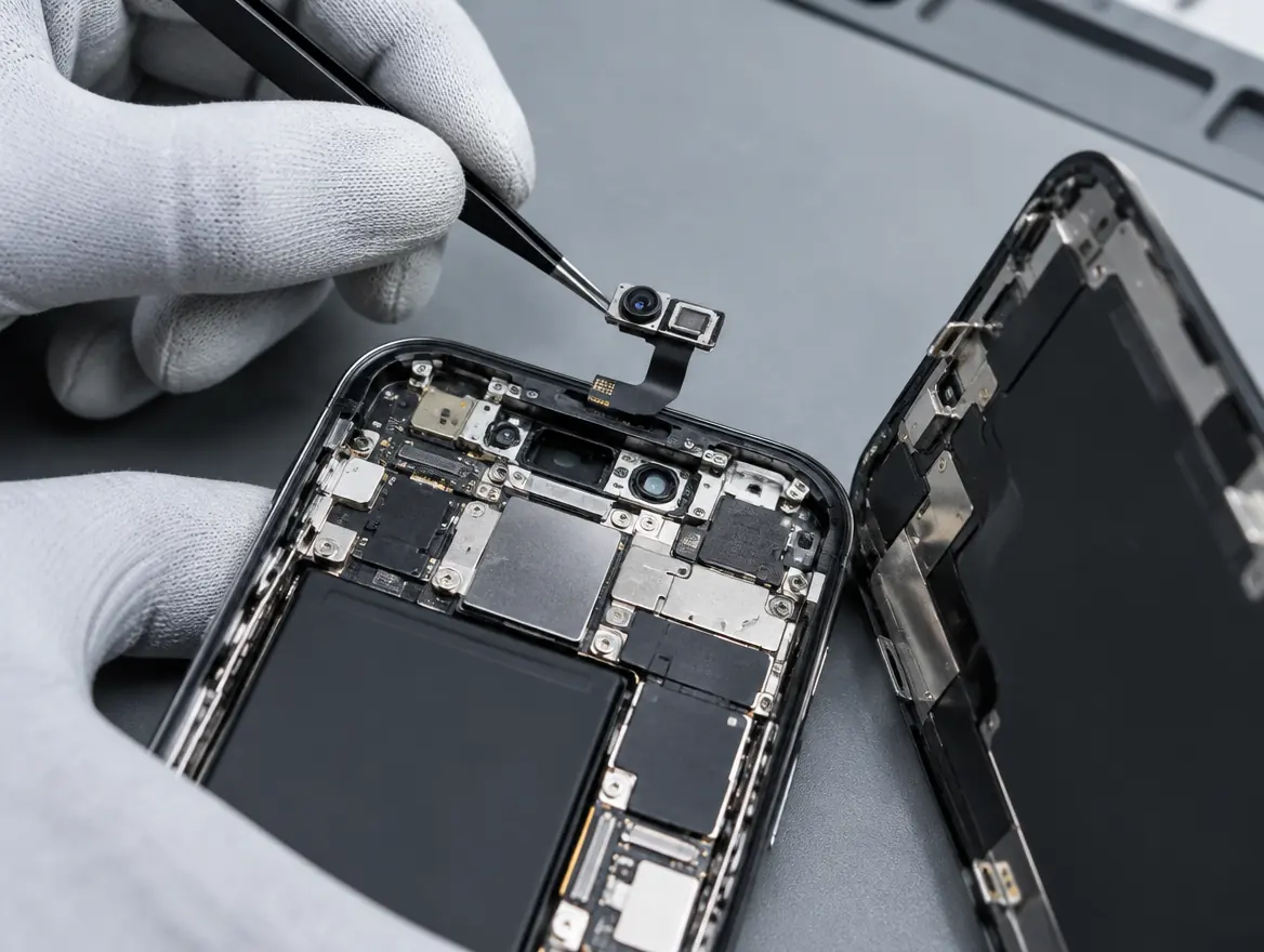 Technician fitting a new TrueDepth front camera into an iPhone during Face ID repair in Malaysia