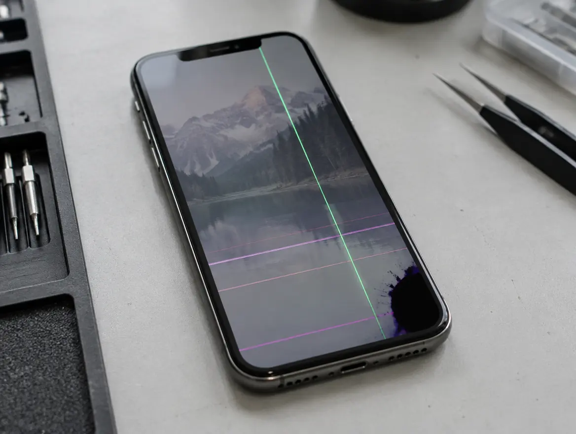 iPhone OLED display with a green vertical line that needs a genuine iPhone screen replacement