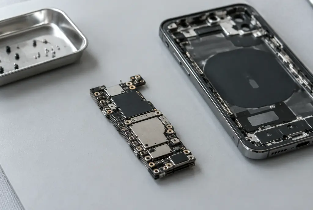 iPhone logic board removed from the iPhone chassis for motherboard repair