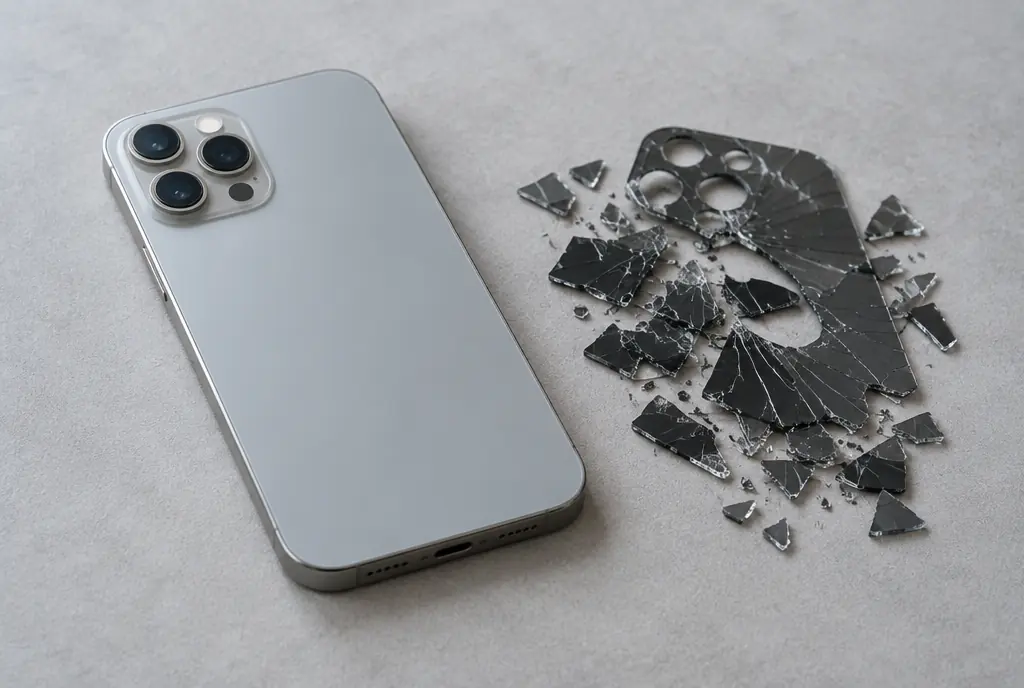 iPhone with new back glass next to the shattered old back glass after replacement
