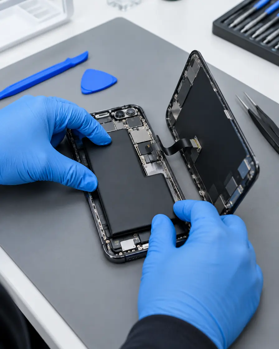 New genuine battery being fitted into an opened iPhone during iPhone battery replacement