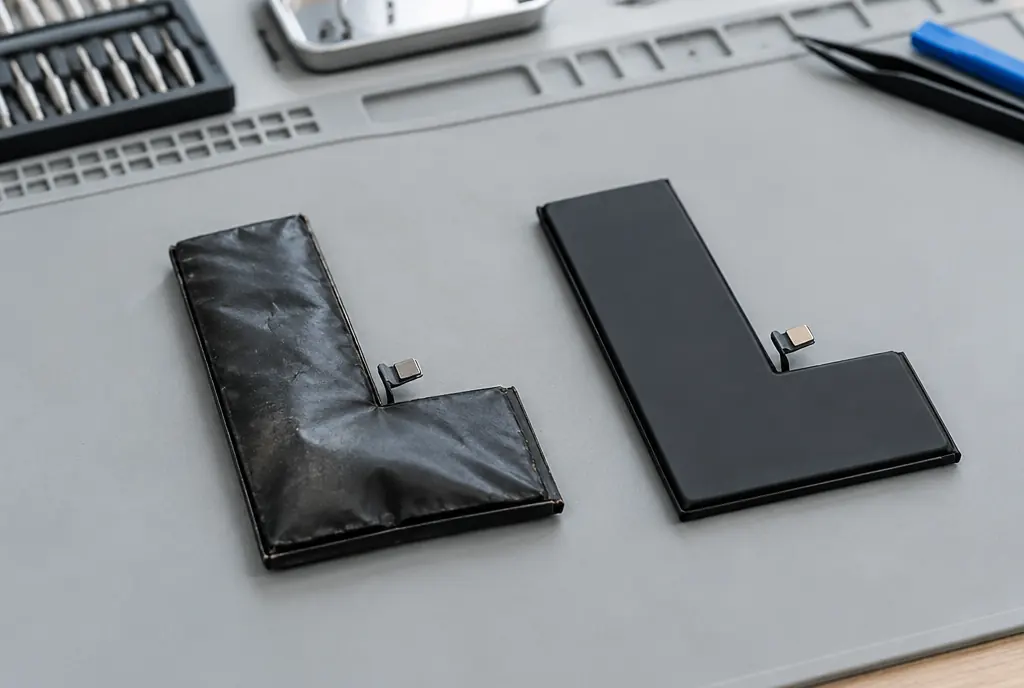 Worn, swollen iPhone battery next to a new replacement iPhone battery