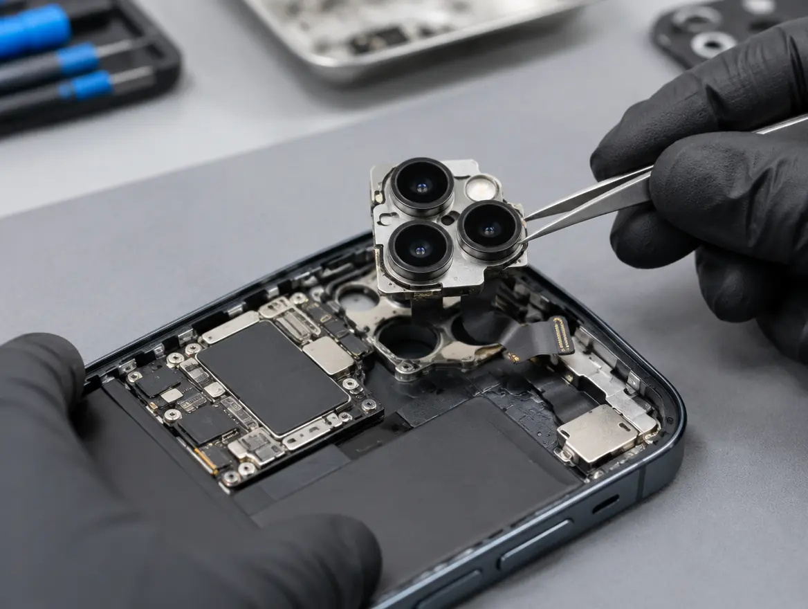 Technician removing the rear camera module from an opened iPhone during iPhone camera replacement in Malaysia