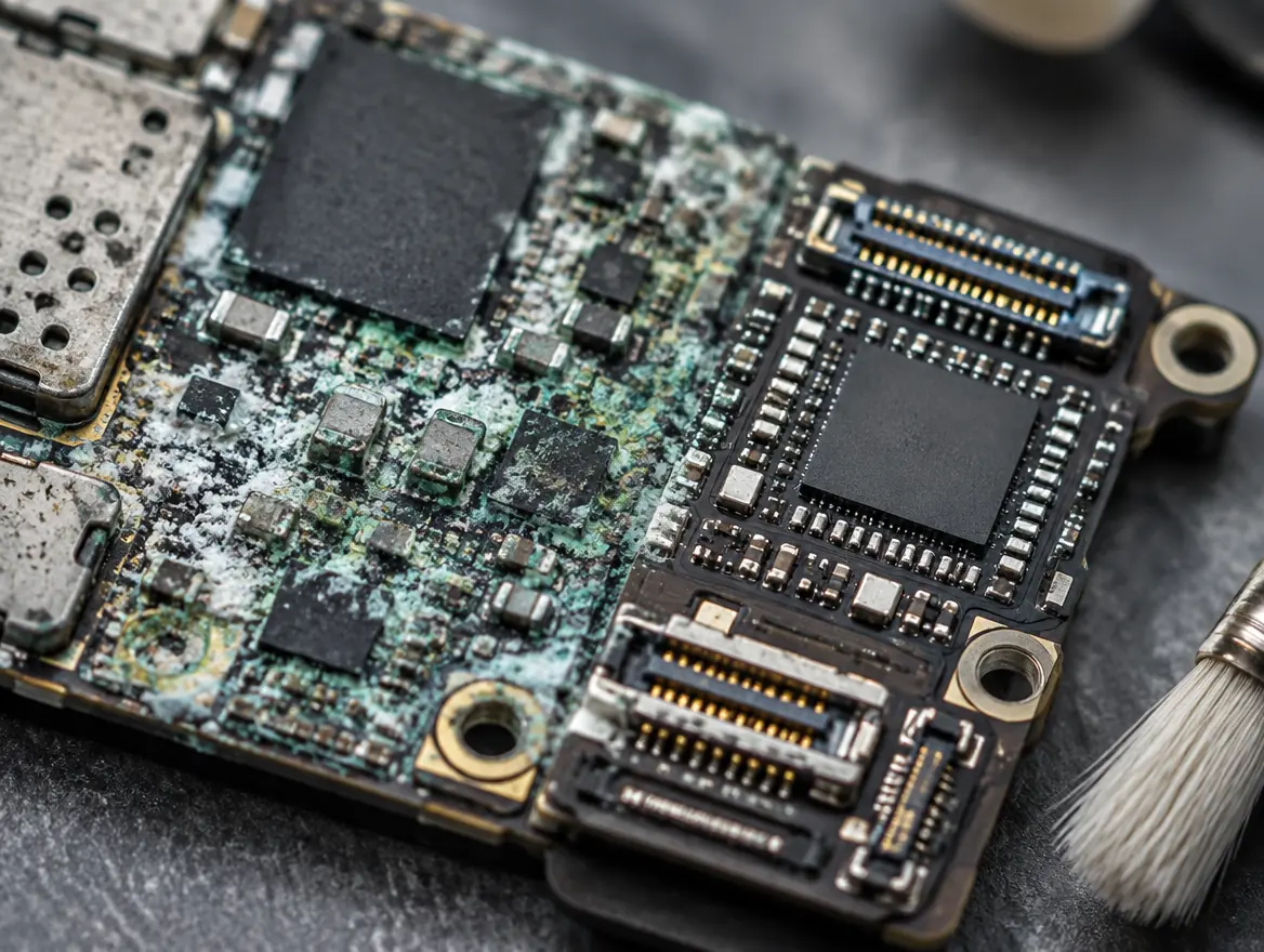 Corrosion on an iPhone logic board after water damage, before water damage repair