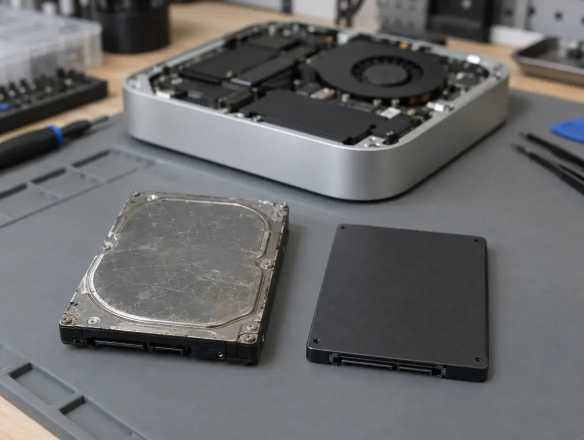 Old hard drive next to a new SSD for an Intel Mac mini SSD upgrade