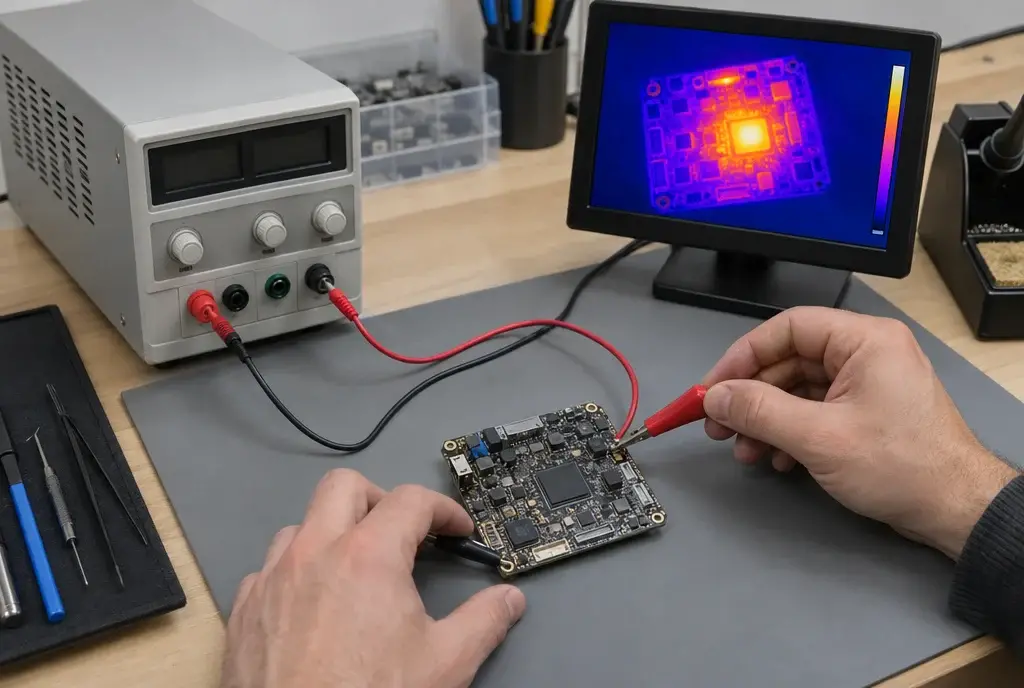 Finding a short on a dead Mac mini logicboard with a thermal camera and bench power supply